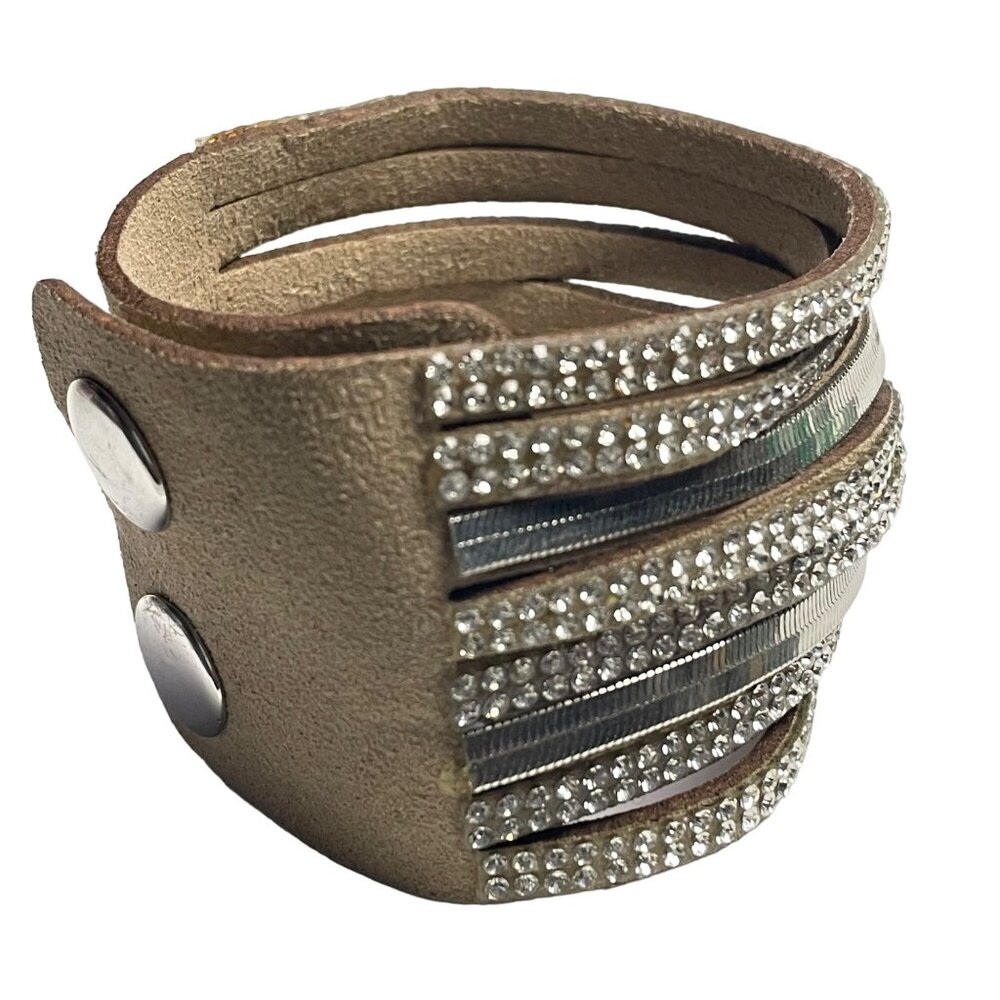 Wide Leather Cuff Bracelet Rhinestones Double Snap Closure Adjustable Fit u Fash